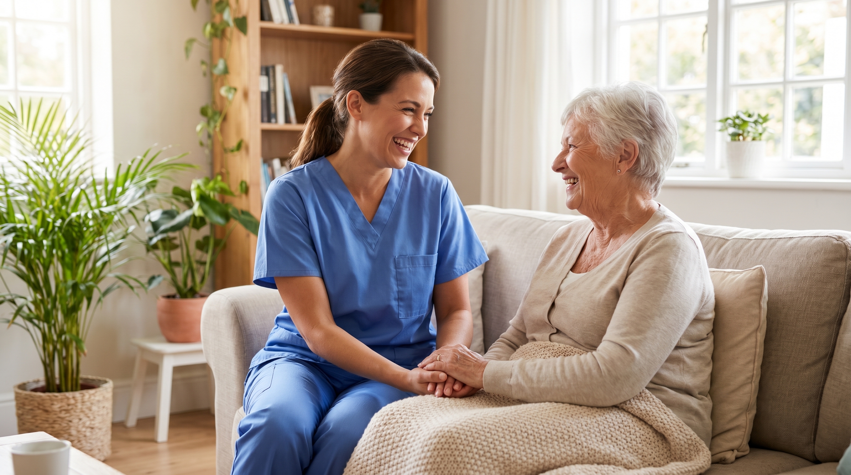 Caregiver and senior smiling